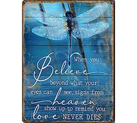 Panneau vintage en métal rustique avec inscription « Dragonfly When You Believe Beyond What Your Eyes Can See » - Décoration murale - 20,3 x 30,5 cm