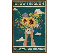 Panneau vintage humoristique en métal avec inscription « Girl and Flowers Grow Through What You Go Through What You Go Through » - Décoration murale amusante en fer - Cadeau pour salon, bureau - 20,3