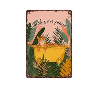 Panneau « Wash Your Paws » en aluminium motif chat dans une baignoire tropicale rose et vert pour salle de bain - Décoration murale pour la maison, la chambre à coucher et le bureau - 30,5 x 20,3 cm