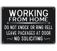 Panneau « Working from Home » « Do Not Knock or Ring Bell Leave Packages at Door No Soliciting » - Panneau en étain pour porte d'entrée et de bureau - 15 x 30 cm