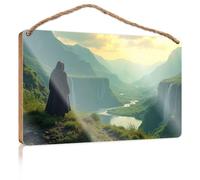 Panneaux à suspendre pour décoration d'intérieur, une figurine à capuche regarde un paysage montagneux luxuriant avec cascades, décoration de bureau, décoration murale de cuisine (15 x 28 cm)