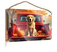Panneaux d'hiver pour décoration d'intérieur « A Golden Retriever Sits In The Bed Of A Red Pickup Truck » - Panneau en bois amusant pour la maison (23 x 35 cm)