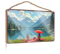Panneaux en bois pour décoration d'intérieur, deux femmes profitant d'une vue sereine sur le lac avec des montagnes dans le fond, panneau en bois décoratif extérieur (20 x 30 cm)
