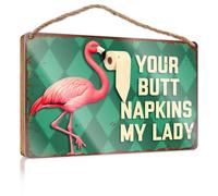 Panneaux et plaques flamant rose tenant du papier toilette avec texte « Your Butt Towels My Lady » - Décoration murale à suspendre pour décoration d'intérieur (20 x 30 cm)