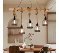 PANNN Suspension Industrielle En Métal E27 Lampe De Table À Manger En Bois Lustre Vintage En Corde Décoration Rustique Maison Convient Pour L'éclairage Salle À Manger Cuisine Du Salon Bar(Five head)