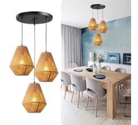 PANNN Suspension Rétro Boho Suspensions Vintage Industrielle Lustre À 3 Lampes E27 Abat-jour Cage En Forme Diamant En Métal Et Corde De Chanvre Lustre Rotin Pour Cuisine Foyer Éclairage Luminaire