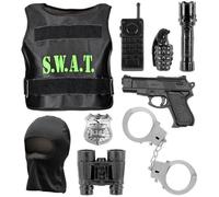 "S.W.A.T." (bulletproof vest, mask, badge, gun, handcuffs, radio, flashlight, hand grenade, binoculars) - (One Size Fits Most Children)