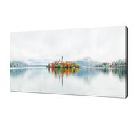 Panorama d'automne du lac de Bled en Slovénie église insulaire art mural moderne sur toile imprimée décoration pour salon ou chambre (65 x 130 cm/cadre intérieur)