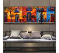 Panorama House Villa Abstract Autumn Street Scene Art Poster Dreamy Colorful City Architecture Canvas Painting Decor (50x150cm/Integrated Frame)