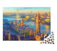 Panorama Londres Coucher de Soleil Puzzle Soirée Jeu 1000 Pièces pour Adultes Panorama Pittoresque de Londres au Bord de la Rivière Premium Robuste Défiant Difficile Anti-Stress 38x26cm/1000pcs