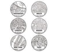 Panorama Paquet de 12 Sous Verres en Vinyle Cartes de la Ville 10x10cm