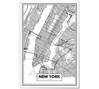 Panorama Tableau Carte de New York 21 x 30 cm - Impression sur Toile avec Châssis en Bois - Affiche Ville Noir et Blanc