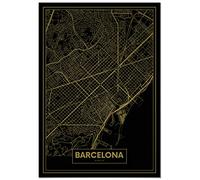Panorama Tableau Carte Or de Barcelone 21 x 30 cm - Impression sur Toile avec Châssis en Bois - Affiche Ville Noir et Or