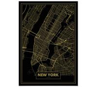 Panorama Tableau Carte Or de New York 70 x 100 cm - Impression sur Toile avec Châssis en Bois - Affiche Ville Noir et Or