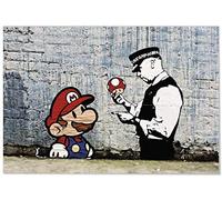 Panorama Tableau Graffiti Banksy Super Mario Bros 30 x 21 cm - Impression sur Toile avec Châssis en Bois - Affiche Graffiti