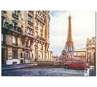 Panorama Tableau Rues de Paris Tour Eiffel 50 x 35 cm - Impression sur Toile avec Châssis en Bois - Affiche Ville