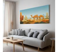 Panorama Tableau sur Toile avec Cadre Cartoon Désert Cactus Chameau, Peinture d'Art Moderne XXL - Décoration Murale Salon Chambre Design 120 x 60 cm
