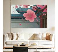 Panorama Tableau sur Toile Encadré Plante Fleurs Pêcher Architecture Ancienne Chinoise, Impression Murale Décoration Salon Chambre - Image sur Toile Design Moderne XXL 120x60 cm