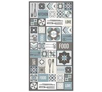 Panorama Tapis Vinyle - Modèle Cuisine Collage Mots Carrelage Bleu 80x150 cm - Différentes Tailles - Deco Maison, Cuisine, Chambre et Exterieur