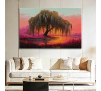 Panorama Toile Peinture Tableau Décoration Murale Encadré Onirique Peinture Huile Saule Coucher Soleil Lac, Art Moderne Aesthetic Room Decor - Salon Chambre XXL Impression 120x60 cm