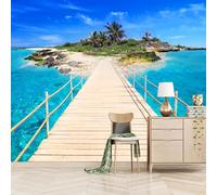 Panoramique 3D Murale Jetée En Bois Sur Une Île，130x80cm Paysage Marin Bleu Decoration murale pour la chambre