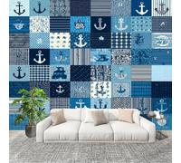 Panoramique 3D Papier Peint Ancre de Navigation GéOméTrique 200x140 cm Mural Poster Salon Chambre à Coucher Maison Décoration Intérieure Bleu Papier Peint Intissé Papier Peint Photo