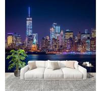 Panoramique 3D Papier Peint Paysage de New York, Vue Nocturne 250x175 cm Mural Poster Salon Chambre à Coucher Maison Décoration Intérieure Bleu Papier Peint Intissé Papier Peint Photo