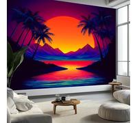 Panoramique Murale Couleur Orange, Papier Peint Panoramique Nature Palmiers Montagnes Coucher Soleil Premium Intissé, Décoration Murale pour Salon Chambre, Poster Tableaux Photo Muraux, 300 x 210 cm
