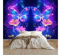 Panoramique Murale Papillon Brillant Dans Le Ciel Étoilé Papier Peint Intissé 400x280 cm pour Salon Chambre Enfant Chambre Décoration Murale Poster Tableaux Photo Muraux, Bleu-Violet