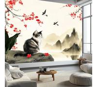 Panoramique Papier Peint Fleur Prunier Chat, Style Peinture L’Encre Chinoise Géant Fresque - Intissé Poster Tapisserie 300 x 210 cm pour Chambre Salon Bureau Couloir Décoration Murale