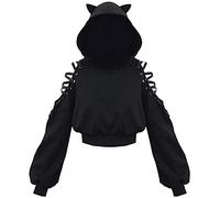 PANOZON Femme Sweat Fantasie à Oreille du Chat Hoodie Haute Taille Courte Spéciale Cosplay Fête(3XL,Tout Noir)