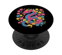 Pansexual Japanese Dragon Pan Pride Flag Colors Floral PopSockets PopGrip Adhésif