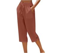 Pantacourt 3/4 Lin Femme Été, Pantalon Taille Élastique Coton et Lin Femmes Chic Pantalon Taille Haute Léger Respirant Pantalons de Jogging À Cordon Serrage Couleur Unie Pants de Plage avec Poches