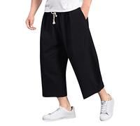 Pantacourt ample en coton et lin pour homme avec cordon de serrage fuselé décontracté sarouel 3/4, Noir , 5XL