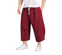 Pantacourt ample en coton et lin pour homme avec cordon de serrage fuselé décontracté sarouel 3/4, Rouge, L