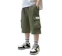 Pantacourt Cargo Enfants Garçons Pantalon D'extérieur Baggy Multi-Poches Short Running avec Poche Adolescent Uni Couleur Pyjama Short avec Poches Pantacourt Sport 3/4