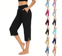 Pantacourt de yoga pour femme - Pantalon de yoga court pour femme - Pantalon extensible à taille élastique avec poches - Pantalon court d'été droit 3/4 en coton, Noir , S