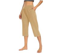 Pantacourt d'été léger pour femme - Pantalon d'été avec poches - Couleur unie - Pantalon de jogging - Taille élastique - Pantalon 3/4 - Jambes larges - Pantalon de sport décontracté - Pantalon de