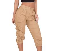 Pantacourt d'été pour femme - Taille haute - Pantacourt 3/4 stretch - Pantalon d'été léger - Pantalon de jogging pour femme - Capri - Legging de yoga - Pantalon de sport - Pantalon de loisirs, Kaki,