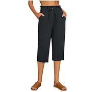 Pantacourt d'été stretch pour femme - Taille courte - Pantalon d'été léger et aéré - Pantalon de plage en tissu léger - Taille haute - Pantalon de survêtement 3/4 - Avec poches - Jambes droites -
