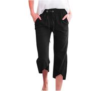 Pantacourt en coton et lin pour femme - Longueur 3/4 - Short ample - Ourlet croisé - Pantalon de yoga à séchage rapide - Pantalon trois quarts de couleur unie avec cordon de serrage, Noir , S