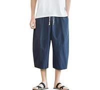 Pantacourt en coton pour homme - Pantalon sarouel japonais - Pantalon d'été léger - Pantalon kimono hippie vintage décontracté - Bermuda cargo - Pantacourt avec cordon de serrage - Grandes tailles