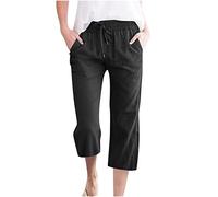 Pantacourt en lin pour femme - Style décontracté - Longueur 3/4 - Uni - Cordon de serrage - Avec poches - Taille élastique - Confortable - Short 3 quarts, @3-noir, 5XL