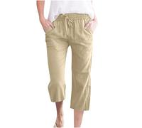 Pantacourt en lin pour femme - Style décontracté - Longueur 3/4 - Uni - Cordon de serrage - Avec poches - Taille élastique - Confortable - Short 3 quarts, @3-kaki, M