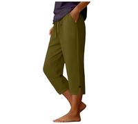 Pantacourt Femme Coton et Lin D'été Léger Fluide Pantalon 3/4 avec Poches Taille Elastique à Jambe Droite Pantalon Confortable et Décontracté Couleur Unie Respirant Pantalons avec Boutonné