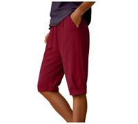 Pantacourt Femme Coton et Lin D'été Léger Fluide Pantalon 3/4 avec Poches Taille Elastique à Jambe Droite Pantalon Confortable et Décontracté Couleur Unie Respirant Pantalons avec Boutonné