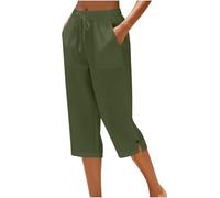 Pantacourt Femme Coton et Lin D'Été Léger, Pantalon 3/4 avec Poche Taille Élastique Jambe Droite, Corsaire À Nouer Polyvalent, Short Long Couleur Unie Idéal pour Plage et Quotidien