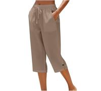 Pantacourt Femme Coton Lin Été Léger - Pantalon 3/4 avec Poche Taille Élastique Jambe Droite, Corsaire à Nouer Sport Pants Court, Couleur Unie Respirant Plage 2026