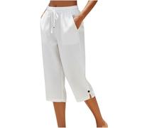 Pantacourt Femme été Coton Doux Taille Haute Elastique Ample Jambe Droite avec Cordon De Serrage Pantalon D'été 7/8 Baggy Confortable Décontractée Jogging Pants avec Poches Solide Couleur