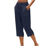 Pantacourt Femme été Coton Doux Taille Haute Elastique Ample Jambe Droite avec Cordon De Serrage Pantalon D'été 7/8 Baggy Confortable Décontractée Jogging Pants avec Poches Solide Couleur